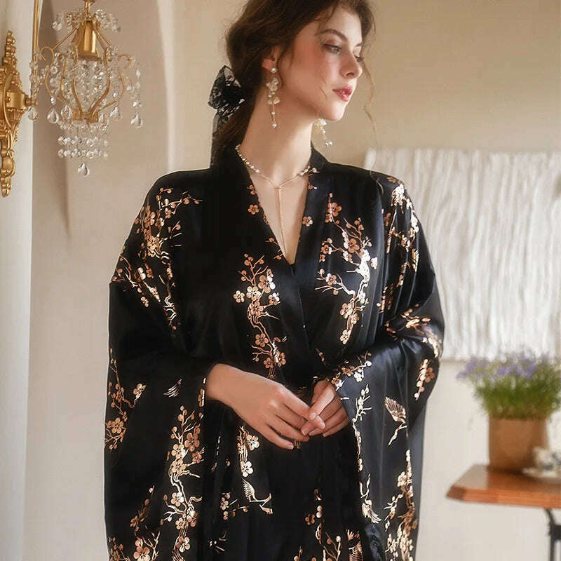 Luxury Burgundy Kimono Robe Women Wedding Bride Bathrobe Sexy Bronzing Flower Morning Dressing Gown Elegant Sleepwear Nightgown - KIMLUD