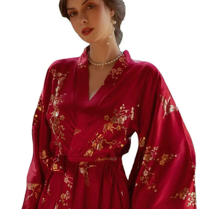 Luxury Burgundy Kimono Robe Women Wedding Bride Bathrobe Sexy Bronzing Flower Morning Dressing Gown Elegant Sleepwear Nightgown - KIMLUD