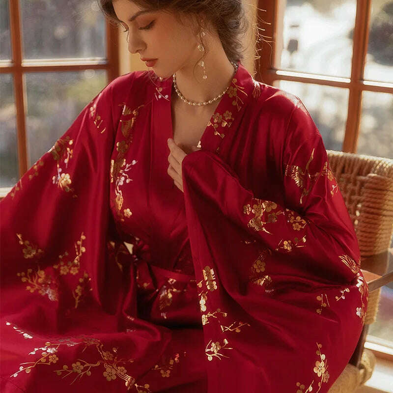 Luxury Burgundy Kimono Robe Women Wedding Bride Bathrobe Sexy Bronzing Flower Morning Dressing Gown Elegant Sleepwear Nightgown - KIMLUD