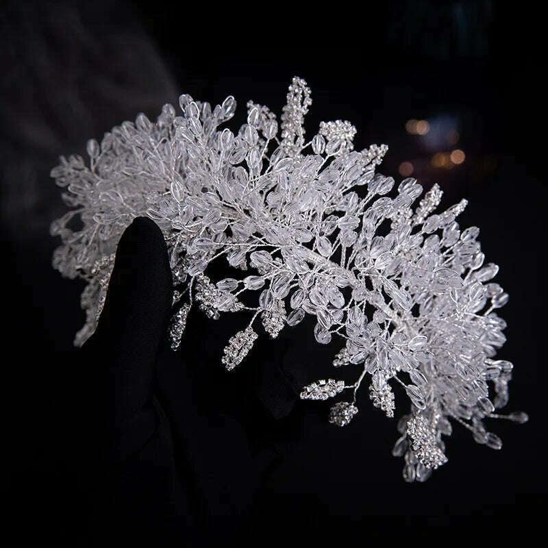 KIMLUD, Luxury Crystal Beads Floral Wedding Headbands Bridal Hair Accessories Rhinestone Crown Hairband Bride Tiaras Handmade Headpiece, KIMLUD Womens Clothes