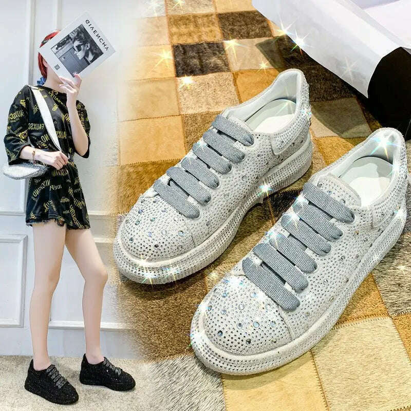 KIMLUD, Luxury Crystal Women Causal Shoes Designer Platform Woman-shoes Belt Diamond Casual Sports Shoes Rhinestone Fashion Heels 35-42, WHITE / 42, KIMLUD APPAREL - Womens Clothes