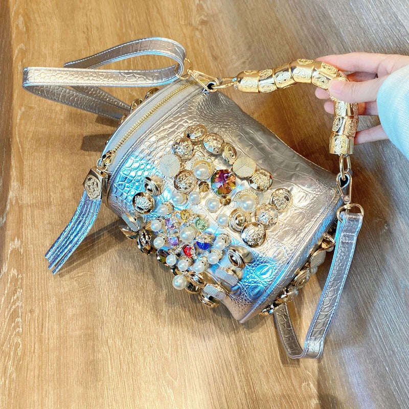 luxury Designer Handbag for women purses and handbag Handmade Beaded Pillow Bag Casual silver bucket Messenger shoulder Bag - KIMLUD