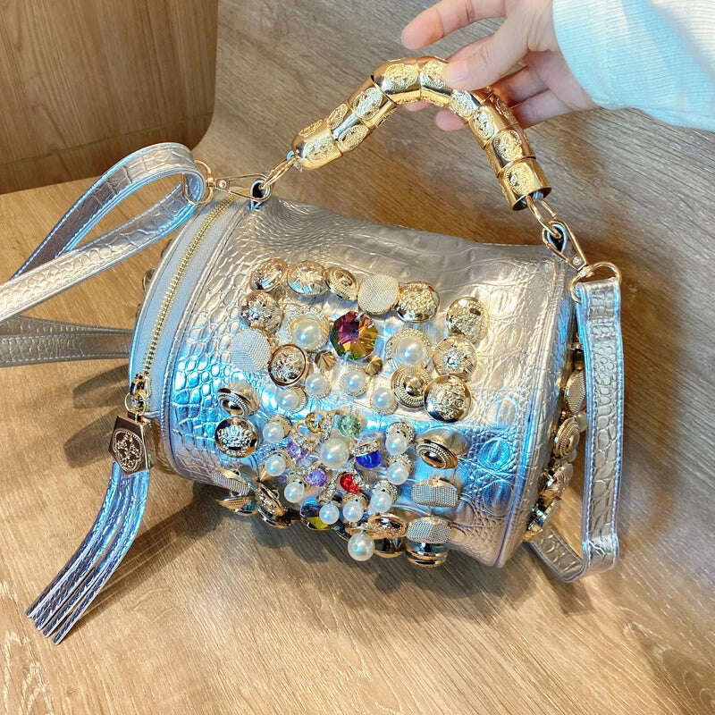 luxury Designer Handbag for women purses and handbag Handmade Beaded Pillow Bag Casual silver bucket Messenger shoulder Bag - KIMLUD