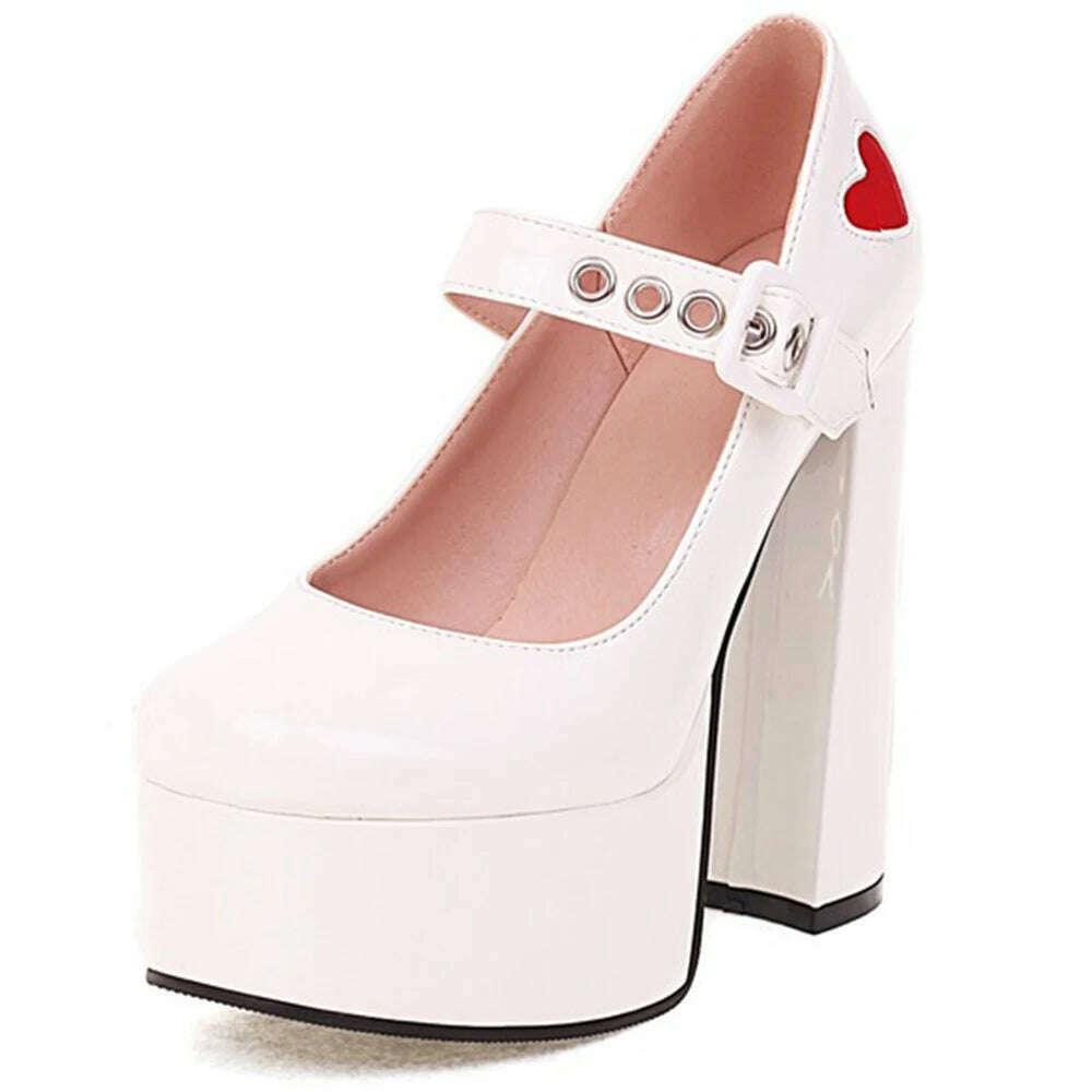 KIMLUD, Luxury Designer Marry Janes Pumps For Women Love Heart High Heels Buckle Platform Punk Chunky Pink Wedding Party women&#39;s Shoes, White style 1 / 5, KIMLUD APPAREL - Womens Clothes