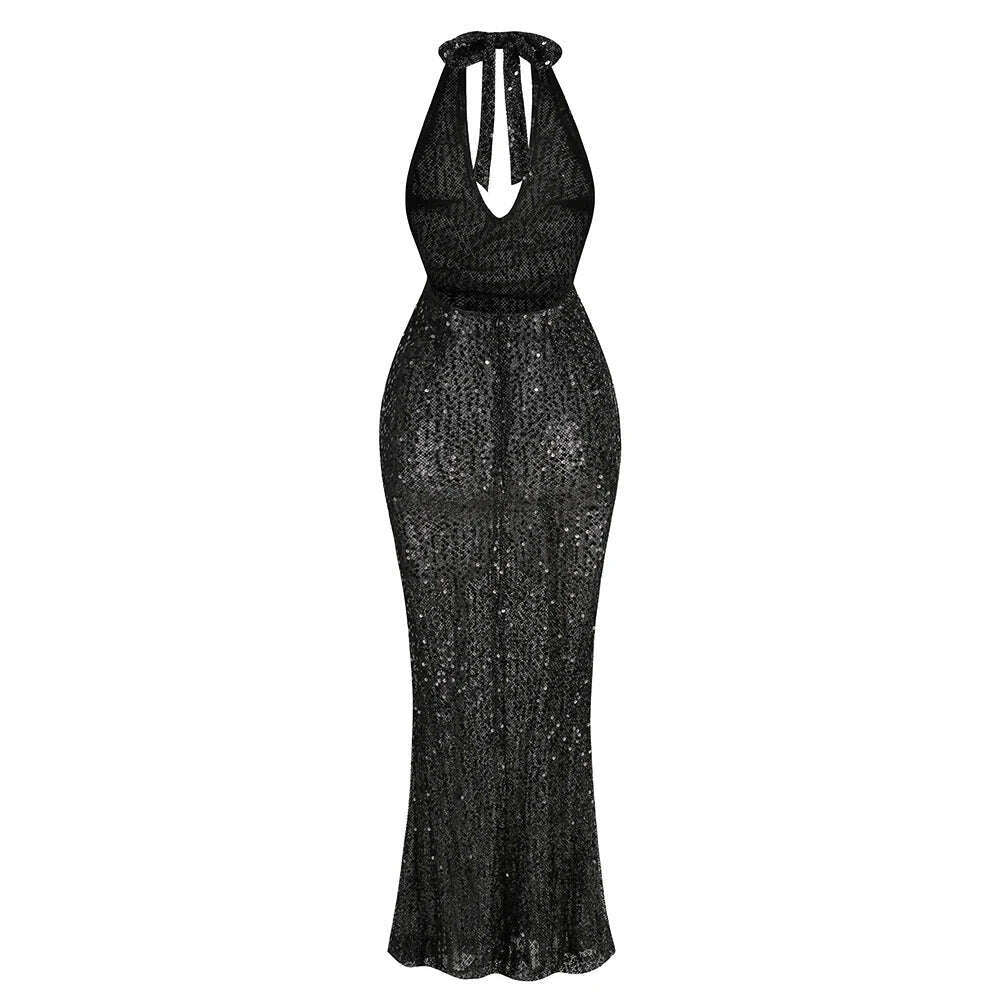 Luxury Designer Women Sexy Halter Backless See Through Mesh Sequines Glitter Ankle Length Evening Club Party Dress Gala Gowns - KIMLUD