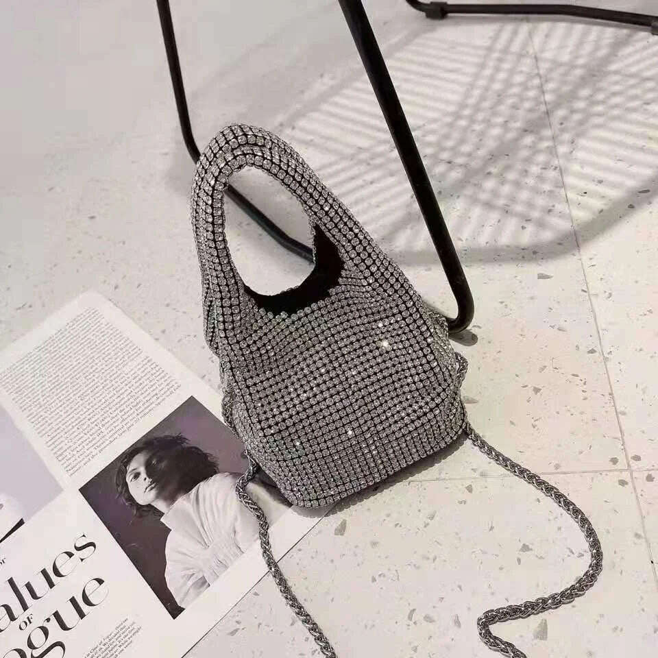 KIMLUD, Luxury Diamonds Basket Bag Designer Brand Women Handbag Shinny Rhinestone Shoulder Crossbody Bag Evening Party Bucket Purse 2023, Silver, KIMLUD APPAREL - Womens Clothes