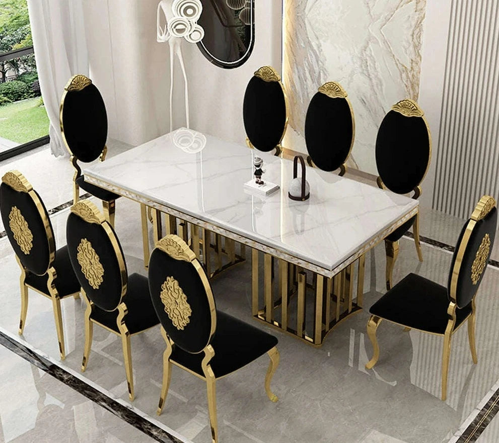 KIMLUD, Luxury Dining Room Set: 8 MANBAS Stainless Steel Genuine Leather Chairs, and Rectangle Table Made In Marble and Sea Shell, table 8 chairs, KIMLUD APPAREL - Womens Clothes