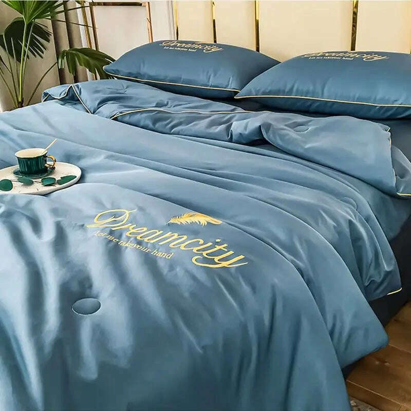 Luxury Embroidery Summer Simple Cool Ice Silk Quilt Breathable Queen Quilts Cooling Comforter Bedding Sets Ice Rayon Blanket - KIMLUD