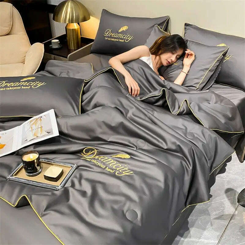 Luxury Embroidery Summer Simple Cool Ice Silk Quilt Breathable Queen Quilts Cooling Comforter Bedding Sets Ice Rayon Blanket - KIMLUD