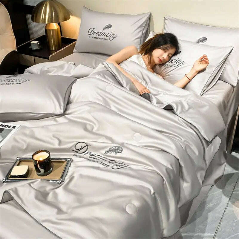 Luxury Embroidery Summer Simple Cool Ice Silk Quilt Breathable Queen Quilts Cooling Comforter Bedding Sets Ice Rayon Blanket - KIMLUD