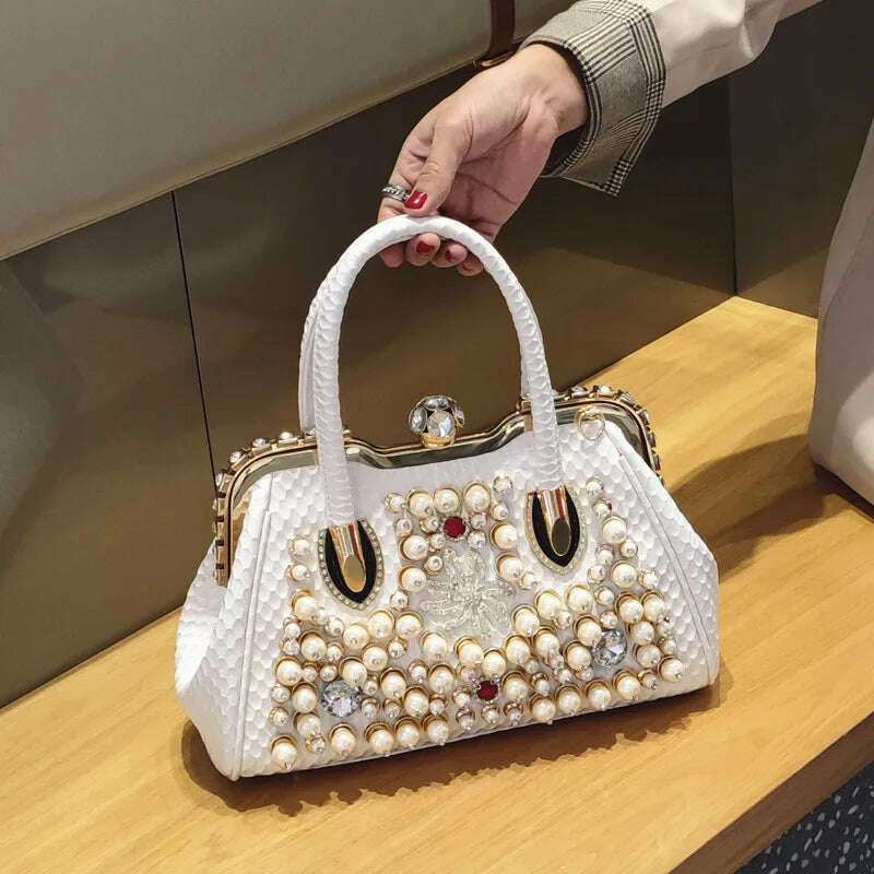 KIMLUD, Luxury Fashion Brand Pearl Women&#39;s Handbag 2023 New Leather Diamond Shoudler Crossbody Evening Bag Portable Rhinestone Lock Bags, White, KIMLUD APPAREL - Womens Clothes