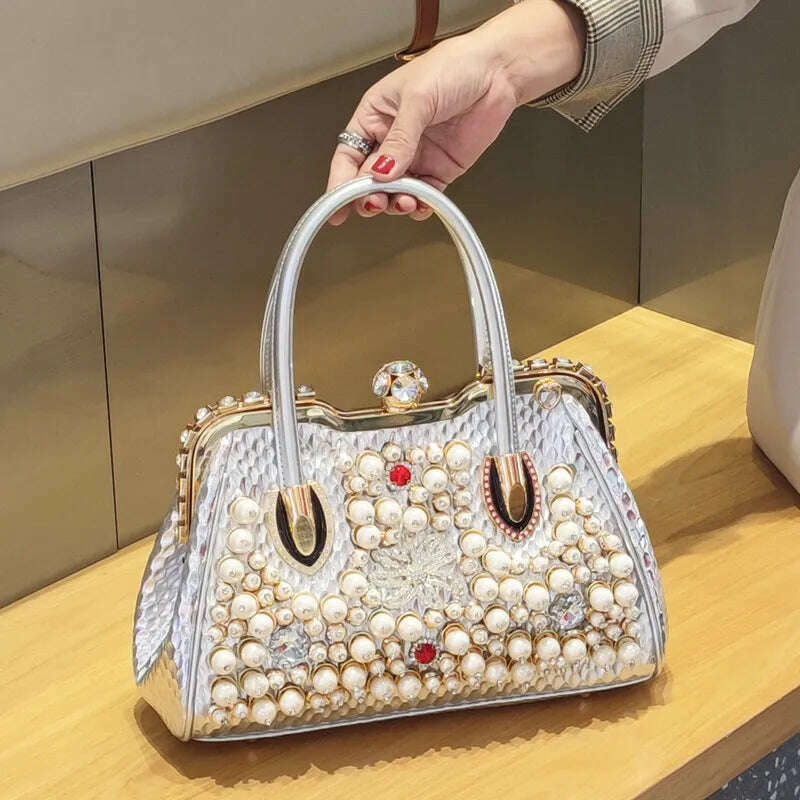 KIMLUD, Luxury Fashion Brand Pearl Women&#39;s Handbag 2023 New Leather Diamond Shoudler Crossbody Evening Bag Portable Rhinestone Lock Bags, Silver, KIMLUD APPAREL - Womens Clothes