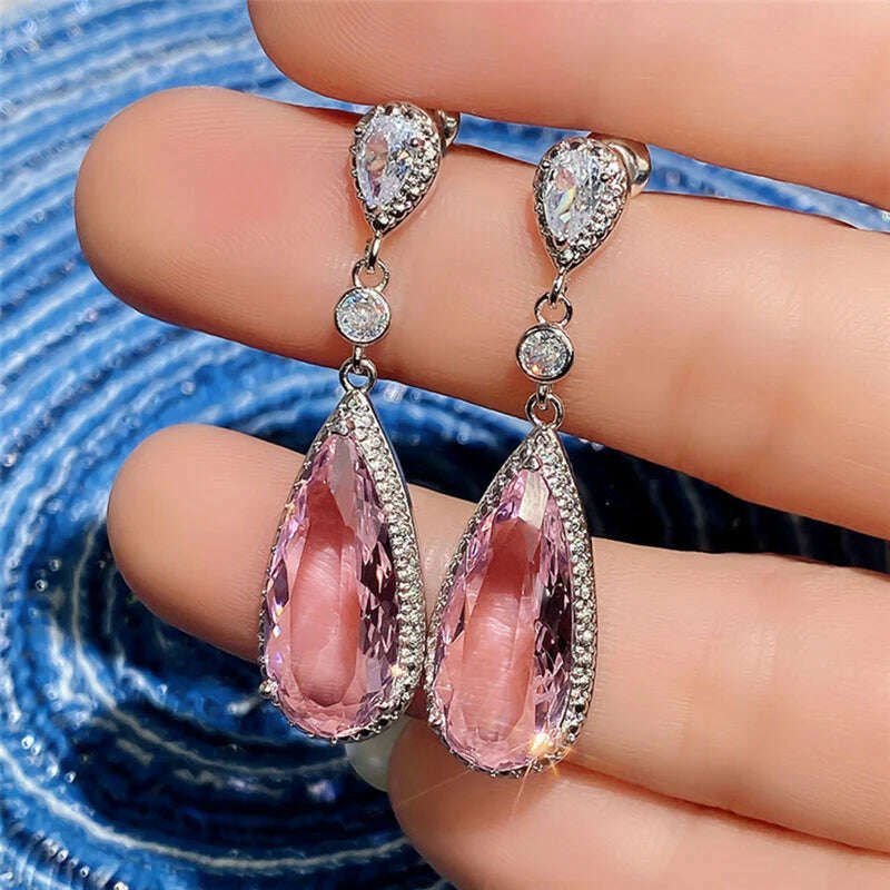 KIMLUD, Luxury Fashion Drop Cut Pink Cubic Zirconia CZ Stone Drop Dangle Earrings For Women Banquet Party Jewelry Gift, KIMLUD Womens Clothes