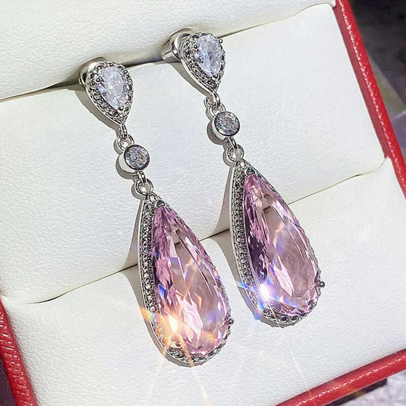 KIMLUD, Luxury Fashion Drop Cut Pink Cubic Zirconia CZ Stone Drop Dangle Earrings For Women Banquet Party Jewelry Gift, KIMLUD Womens Clothes