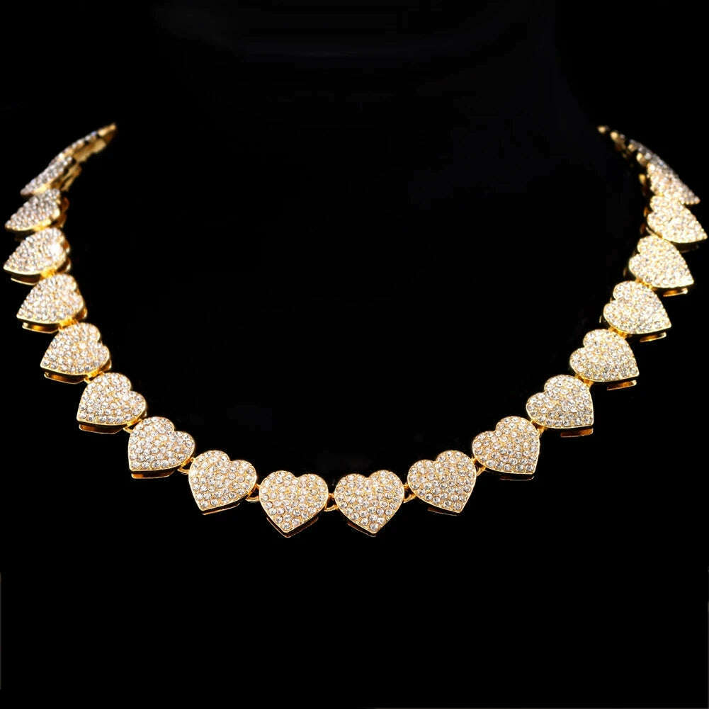 KIMLUD, Luxury Full Crystal Heart Link Chain Necklace For Women Bling Iced Out Paved Rhinestones Cuban Choker Necklace Fashion Jewelry, Gold Necklace / 8.4 inch(21.3cm), KIMLUD APPAREL - Womens Clothes