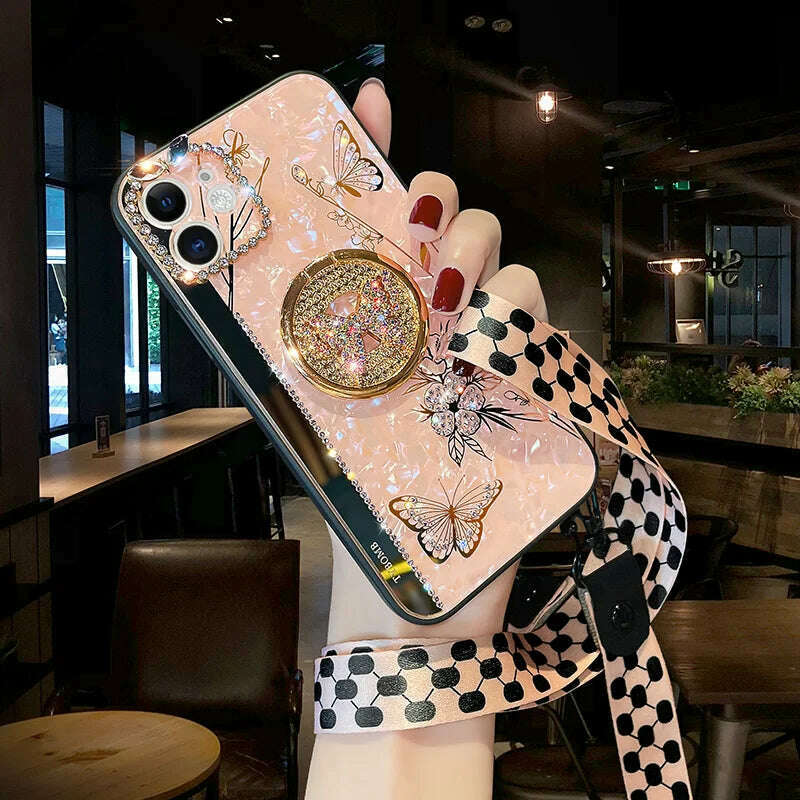 KIMLUD, Luxury Glitter Diamond Mirror Butterfly Holder Phone Case For iPhone 15 14 13 12 11 Pro Max X XR XS 7 8 Plus Lanyard Bling Cover, Pink / For iPhone 7 8, KIMLUD APPAREL - Womens Clothes