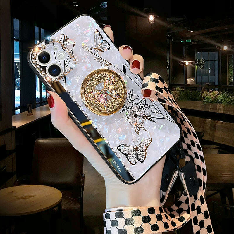 KIMLUD, Luxury Glitter Diamond Mirror Butterfly Holder Phone Case For iPhone 15 14 13 12 11 Pro Max X XR XS 7 8 Plus Lanyard Bling Cover, White / For iPhone 7 8, KIMLUD APPAREL - Womens Clothes
