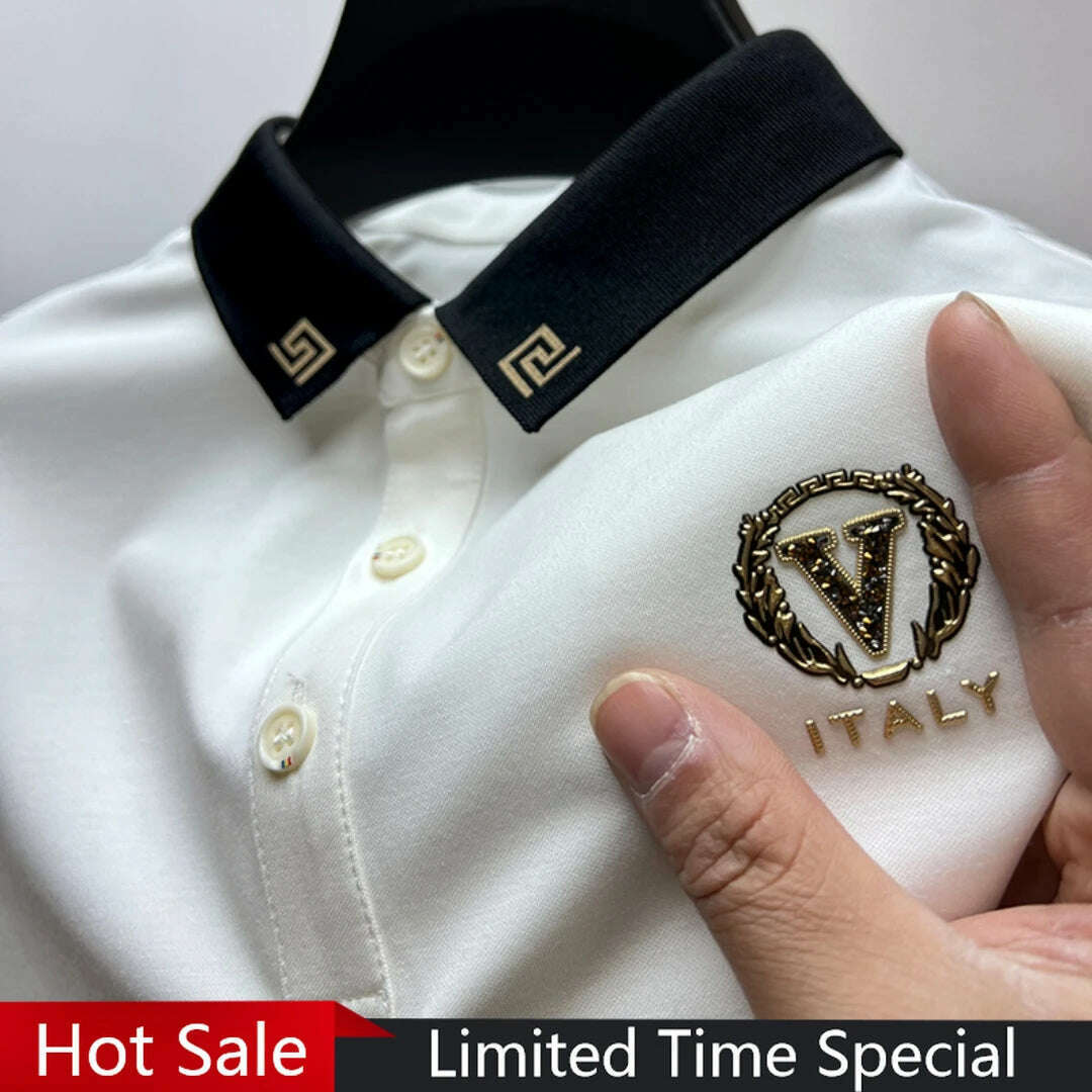 KIMLUD, Luxury Ice Silk Polo Shirts Short Sleeved Lapel T-shirts 2023 Summer Trend Hot Drilling Exquisite Embroidery Casual Men Clothing, KIMLUD Womens Clothes