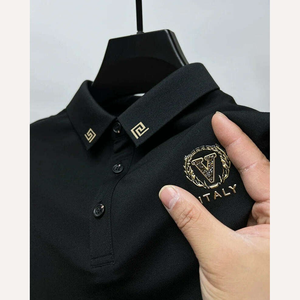 KIMLUD, Luxury Ice Silk Polo Shirts Short Sleeved Lapel T-shirts 2023 Summer Trend Hot Drilling Exquisite Embroidery Casual Men Clothing, shangwei-heise506 / 4XL -fits 92-100KG / Pack of 1, KIMLUD APPAREL - Womens Clothes