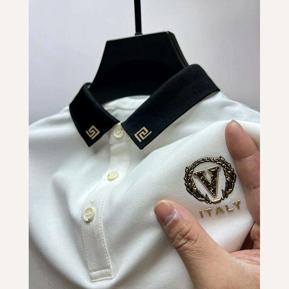 KIMLUD, Luxury Ice Silk Polo Shirts Short Sleeved Lapel T-shirts 2023 Summer Trend Hot Drilling Exquisite Embroidery Casual Men Clothing, shangwei-baise506 / 3XL -fits 85-92KG / Pack of 1, KIMLUD APPAREL - Womens Clothes