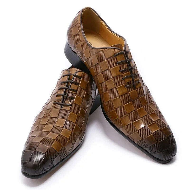 Luxury Italian Leather Dress Shoes Men Fashion Plaid Print Lace-Up Black Brown Wedding Office Shoes Formal Oxford Shoes for Men - KIMLUD