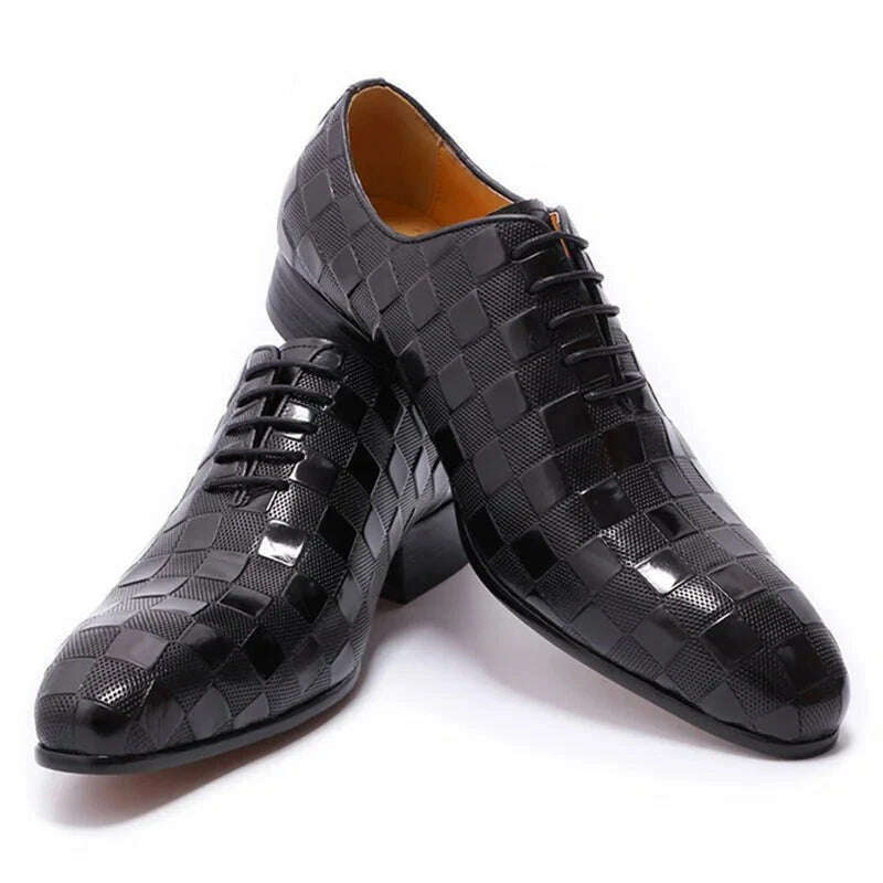 KIMLUD, Luxury Italian Leather Dress Shoes Men Fashion Plaid Print Lace-Up Black Brown Wedding Office Shoes Formal Oxford Shoes for Men, KIMLUD Womens Clothes