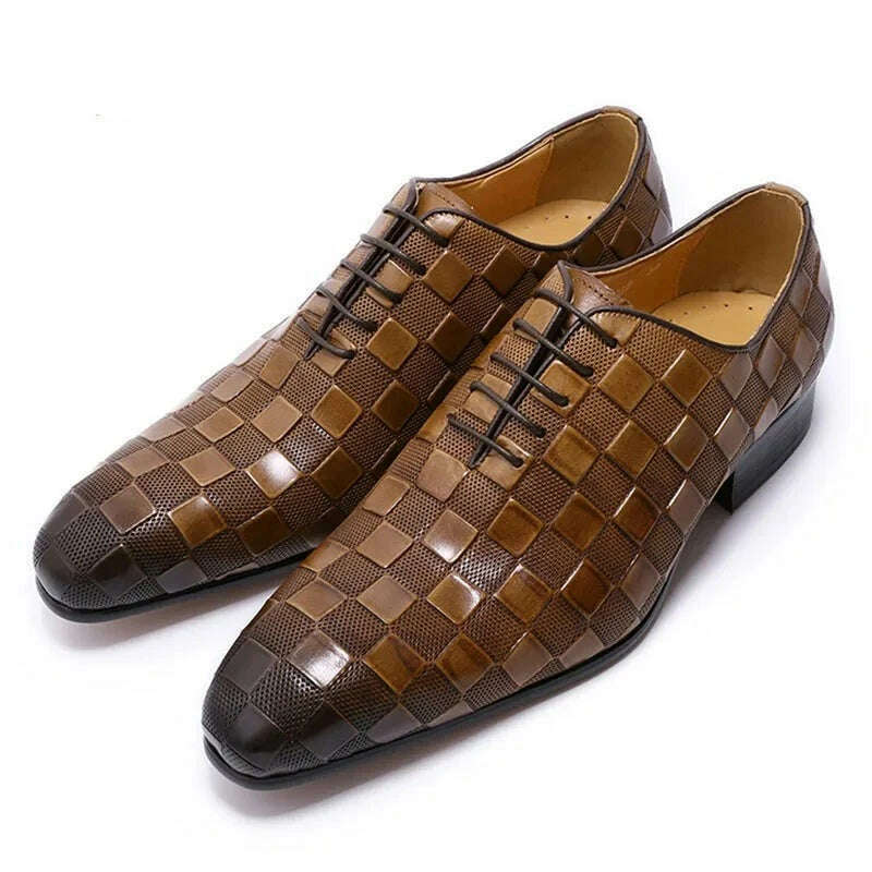 KIMLUD, Luxury Italian Leather Dress Shoes Men Fashion Plaid Print Lace-Up Black Brown Wedding Office Shoes Formal Oxford Shoes for Men, KIMLUD Womens Clothes