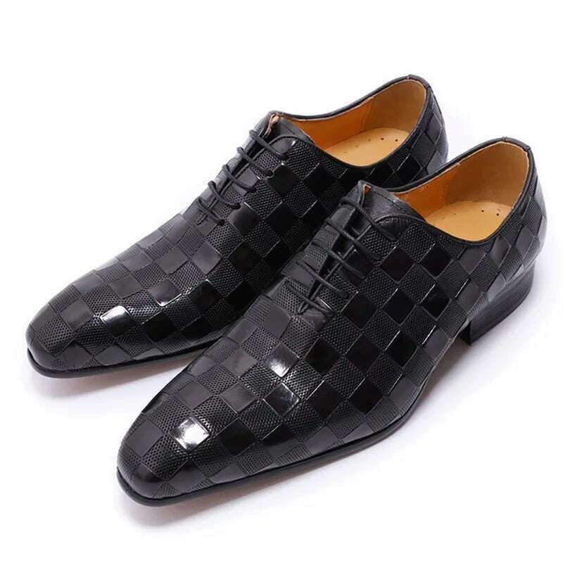 KIMLUD, Luxury Italian Leather Dress Shoes Men Fashion Plaid Print Lace-Up Black Brown Wedding Office Shoes Formal Oxford Shoes for Men, KIMLUD Womens Clothes