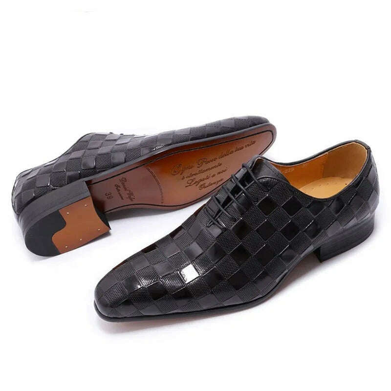 KIMLUD, Luxury Italian Leather Dress Shoes Men Fashion Plaid Print Lace-Up Black Brown Wedding Office Shoes Formal Oxford Shoes for Men, Black / US 7, KIMLUD APPAREL - Womens Clothes