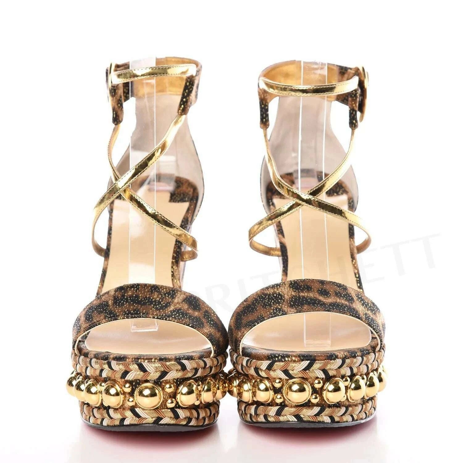 KIMLUD, Luxury Leopard Print Wedge Platform Sandals Gold Pearl Metal Buckle One Word Strap Sandals Cross Thin Strap Fashion Women's Shoe, KIMLUD Womens Clothes