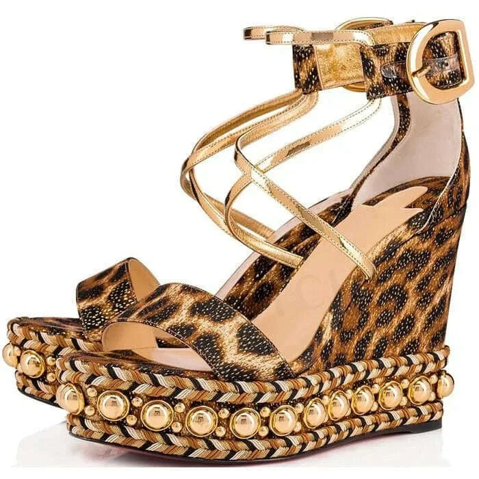 KIMLUD, Luxury Leopard Print Wedge Platform Sandals Gold Pearl Metal Buckle One Word Strap Sandals Cross Thin Strap Fashion Women's Shoe, KIMLUD Womens Clothes