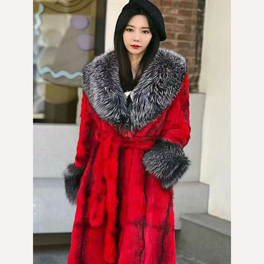 KIMLUD, Luxury Long Female Streetwear Fox Fur Collar Women Natural Rex Rabbit Fur Jacket Thick Warm High QualityWinter Real Fur Coat, Red / XS Bust 90cm, KIMLUD APPAREL - Womens Clothes