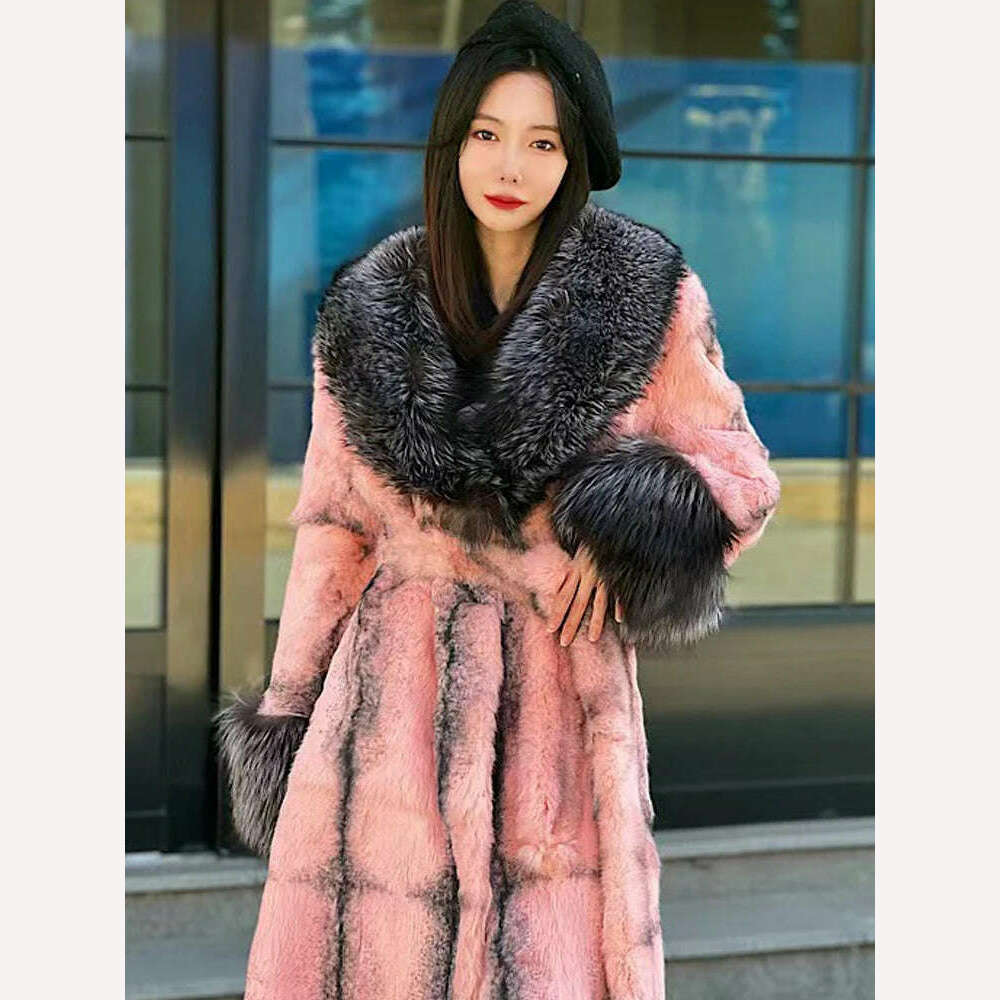 KIMLUD, Luxury Long Female Streetwear Fox Fur Collar Women Natural Rex Rabbit Fur Jacket Thick Warm High QualityWinter Real Fur Coat, Pink / XS Bust 90cm, KIMLUD APPAREL - Womens Clothes