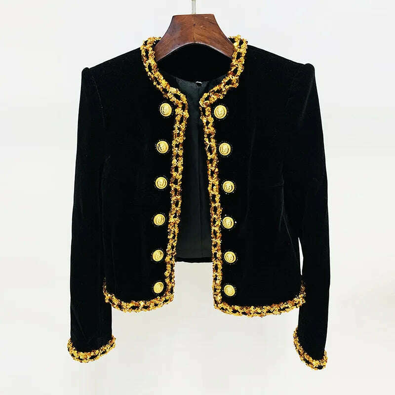 KIMLUD, Luxury Long Sleeves Blazer Beaded Sequins Chain Velvet Short Jacket Female Lion Head Gold Button New in Outerwears Cardigan Coat, Black blazer / XXL / CHINA, KIMLUD APPAREL - Womens Clothes