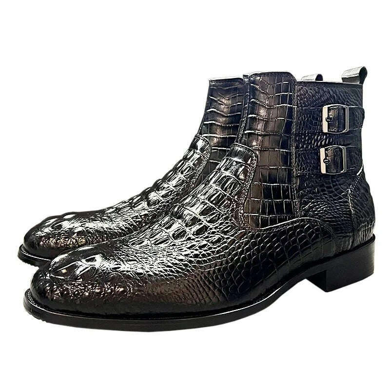 KIMLUD, Luxury Men Ankle Boots Shoes Black Brown Crocodile Printed Zipper Chelsea Double Buckle Genuine Leather Dress Boots Men&#39;s Shoes, KIMLUD Womens Clothes