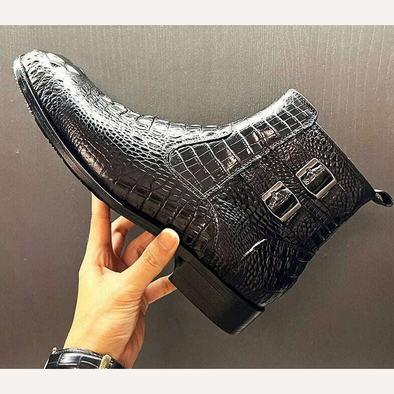 KIMLUD, Luxury Men Ankle Boots Shoes Black Brown Crocodile Printed Zipper Chelsea Double Buckle Genuine Leather Dress Boots Men&#39;s Shoes, Black / 7, KIMLUD APPAREL - Womens Clothes