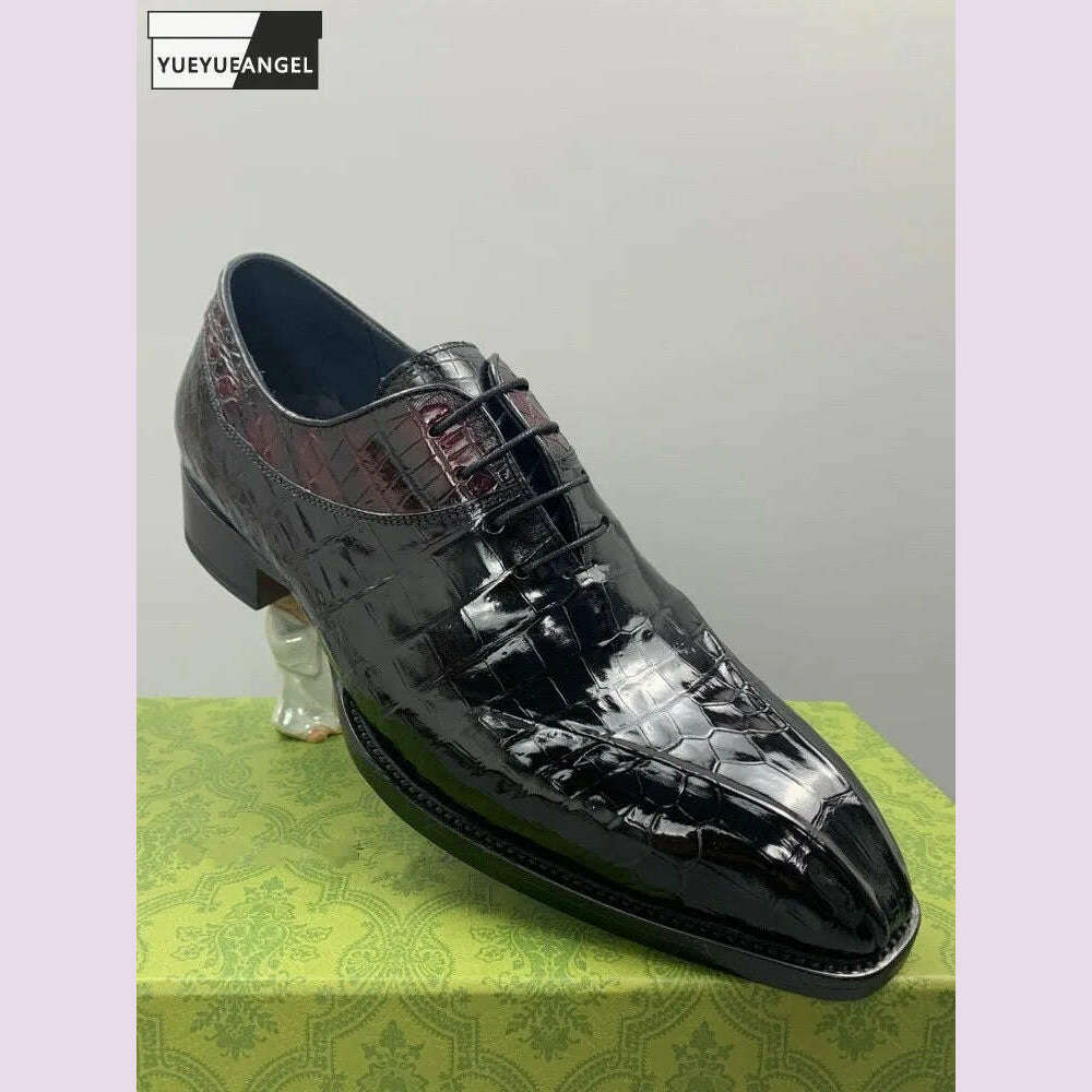 KIMLUD, Luxury Mens Crocodile Genuine Leather Dress Shoes Italian Designer Lace Up Med Heel Mixed Colors Business Man Work Formal Shoes, KIMLUD Womens Clothes
