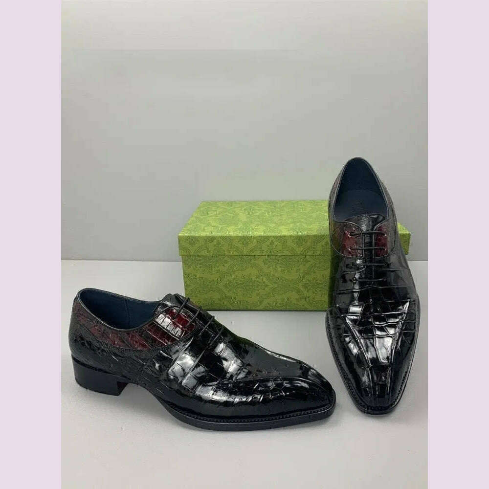KIMLUD, Luxury Mens Crocodile Genuine Leather Dress Shoes Italian Designer Lace Up Med Heel Mixed Colors Business Man Work Formal Shoes, KIMLUD Womens Clothes