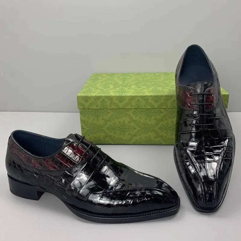 KIMLUD, Luxury Mens Crocodile Genuine Leather Dress Shoes Italian Designer Lace Up Med Heel Mixed Colors Business Man Work Formal Shoes, as pic / 44, KIMLUD APPAREL - Womens Clothes