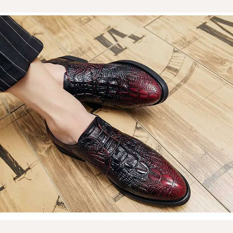 KIMLUD, Luxury men's oxford shoes crocodile classic style dress leather shoes burgundy lace up pointed toe formal shoes men's size 38-48, KIMLUD Womens Clothes