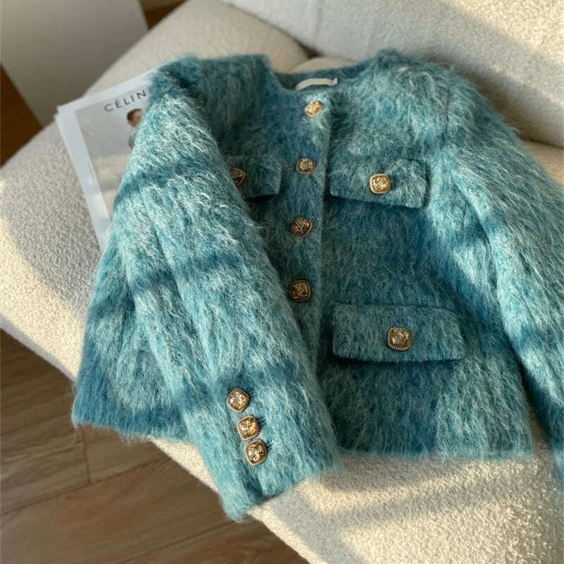 KIMLUD, Luxury mink Hair Coat French Elegant Gold Single Breasted O-Neck Long Sleeve Women's Spring Autumn New All-matched Blue Jacket, Blue / S, KIMLUD APPAREL - Womens Clothes