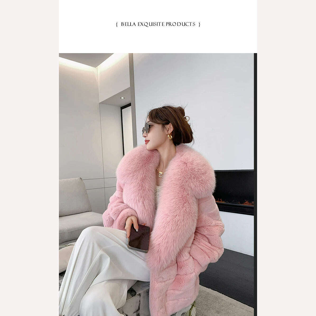 KIMLUD, Luxury Oversized Crystal Fox Fur Collar Whole Fur Rex Rabbit Fur Coat Rabbit Fur Loose Coat Autumn And Winter New Style Customiz, KIMLUD Womens Clothes