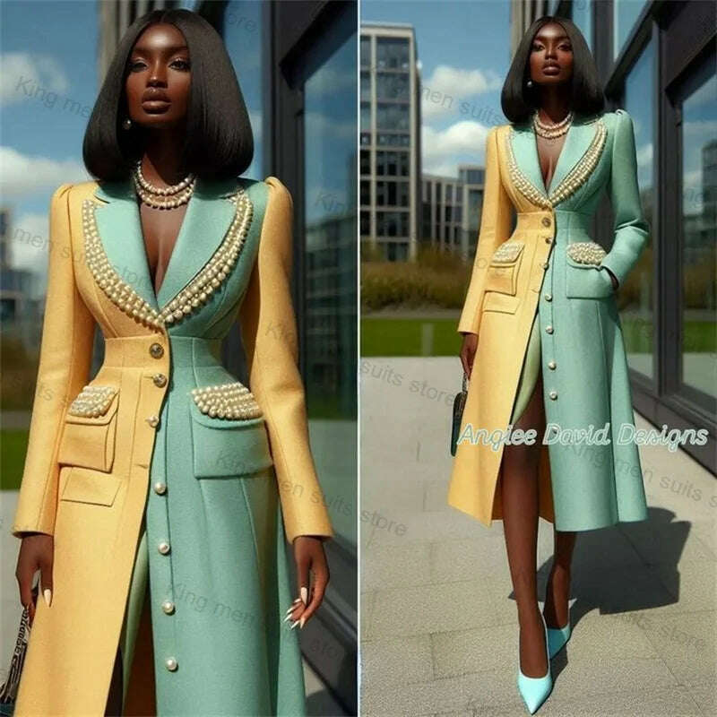 KIMLUD, Luxury Pearls Women Suit Long Blazer Yellow Mint Cotton Overcoat Customized Formal Office Lady Wedding Prom Dress Jacket Coat, KIMLUD Womens Clothes