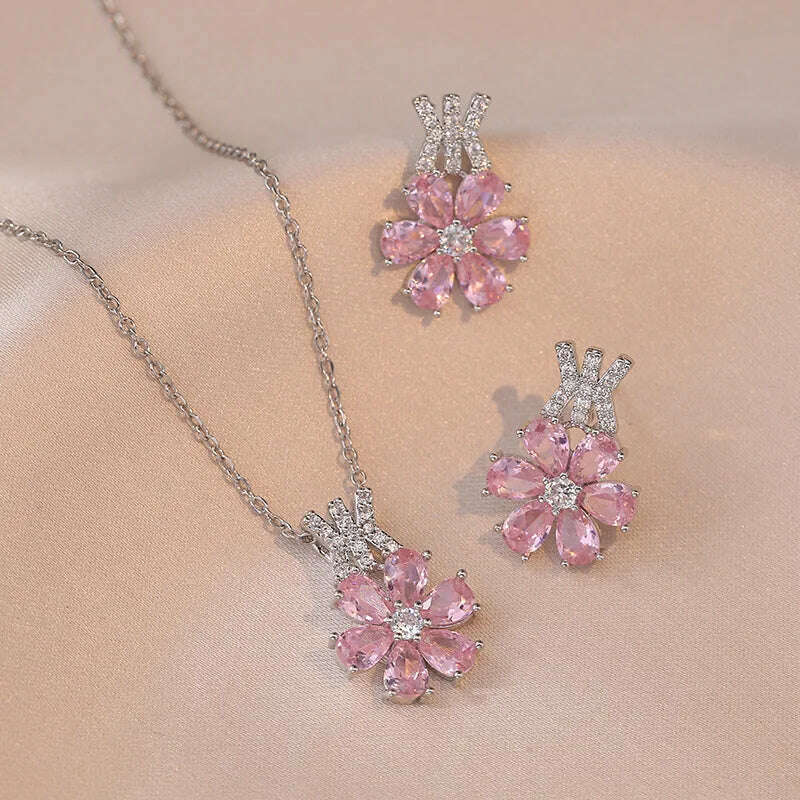 KIMLUD, Luxury Pink Zircon Big Flower Stud Earrings and Pendants Stainless Steel Chains Necklaces For Women Bridal Birthday Jewelry Sets, 04, KIMLUD APPAREL - Womens Clothes