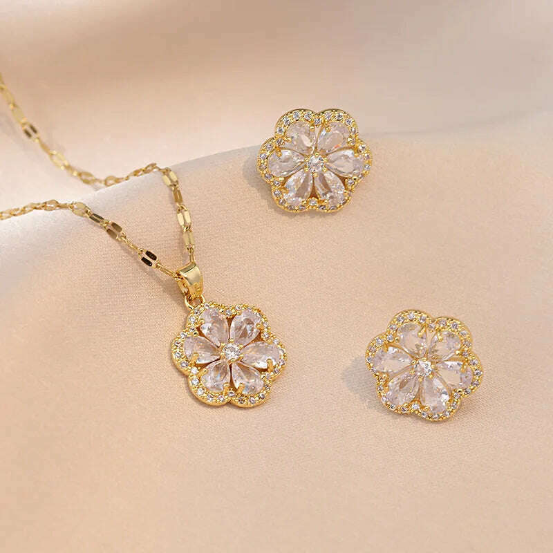 KIMLUD, Luxury Pink Zircon Big Flower Stud Earrings and Pendants Stainless Steel Chains Necklaces For Women Bridal Birthday Jewelry Sets, 08, KIMLUD APPAREL - Womens Clothes