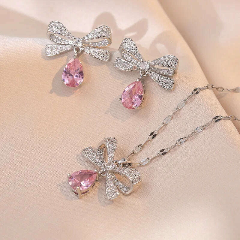 KIMLUD, Luxury Pink Zircon Big Flower Stud Earrings and Pendants Stainless Steel Chains Necklaces For Women Bridal Birthday Jewelry Sets, 09, KIMLUD APPAREL - Womens Clothes