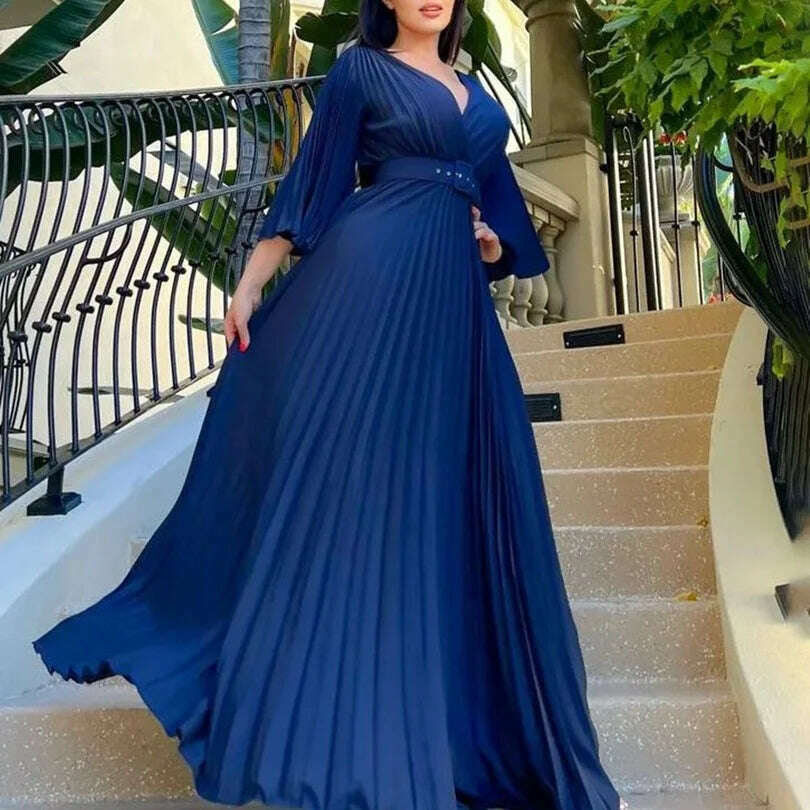 Luxury Pleated Dresses for Women V Neck Belt Waisted Flare Sleeve Floor Length Elegant Birthday Party Dinner Vestidos Mujer Robe - KIMLUD