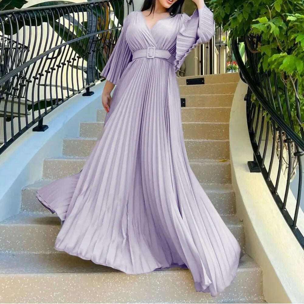 KIMLUD, Luxury Pleated Dresses for Women V Neck Belt Waisted Flare Sleeve Floor Length Elegant Birthday Party Dinner Vestidos Mujer Robe, KIMLUD Womens Clothes