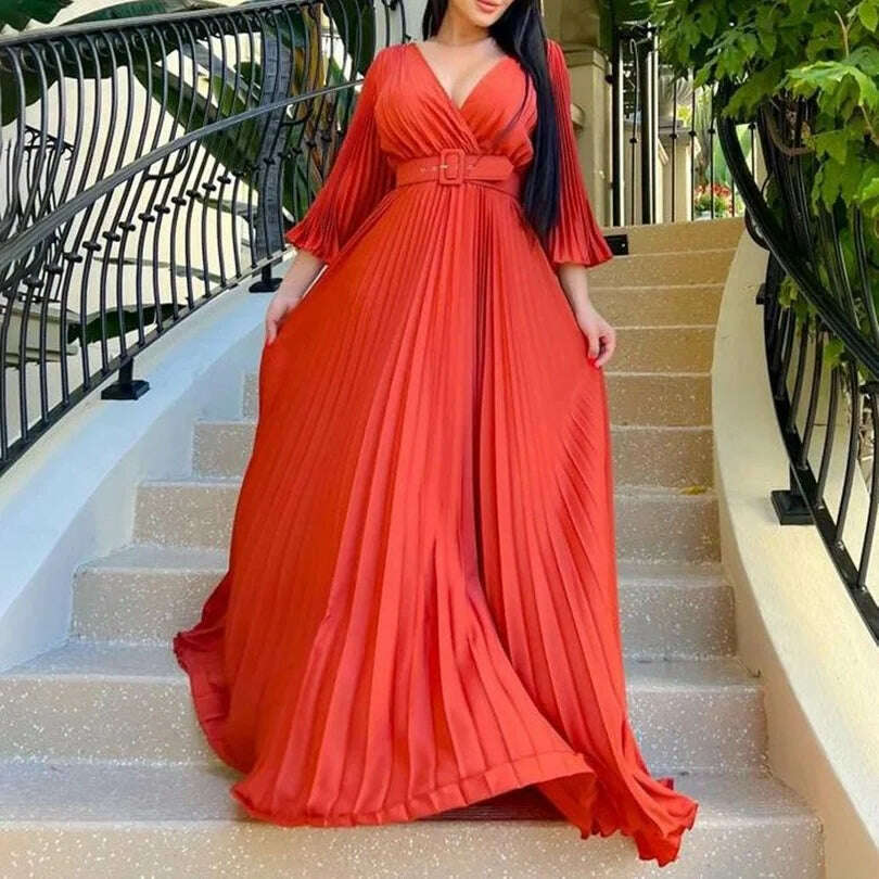 Luxury Pleated Dresses for Women V Neck Belt Waisted Flare Sleeve Floor Length Elegant Birthday Party Dinner Vestidos Mujer Robe - KIMLUD