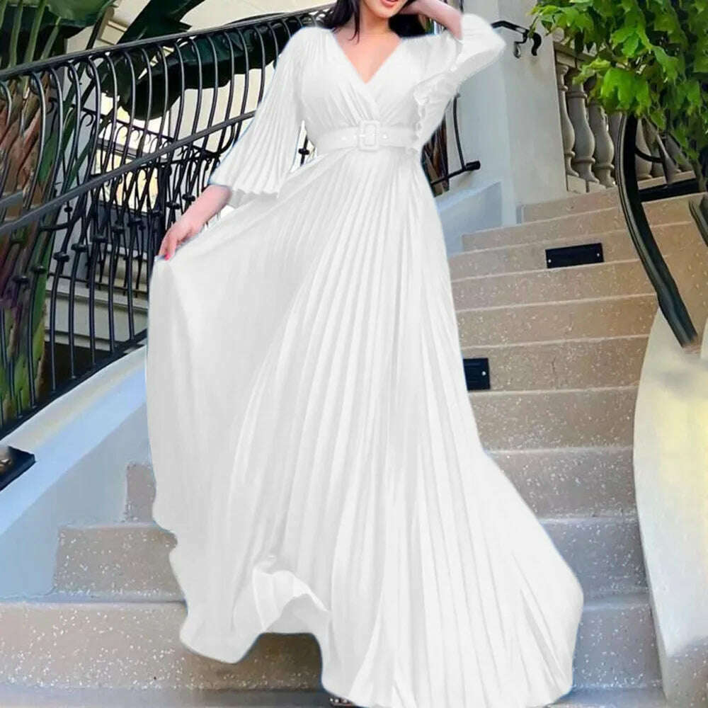 Luxury Pleated Dresses for Women V Neck Belt Waisted Flare Sleeve Floor Length Elegant Birthday Party Dinner Vestidos Mujer Robe - KIMLUD